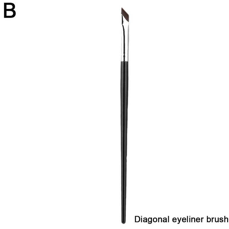 Angled sickle-shaped eyeliner brush, flat-angled brow brush, angled eyelid brush extending to the lower eyelid and under-eye area.